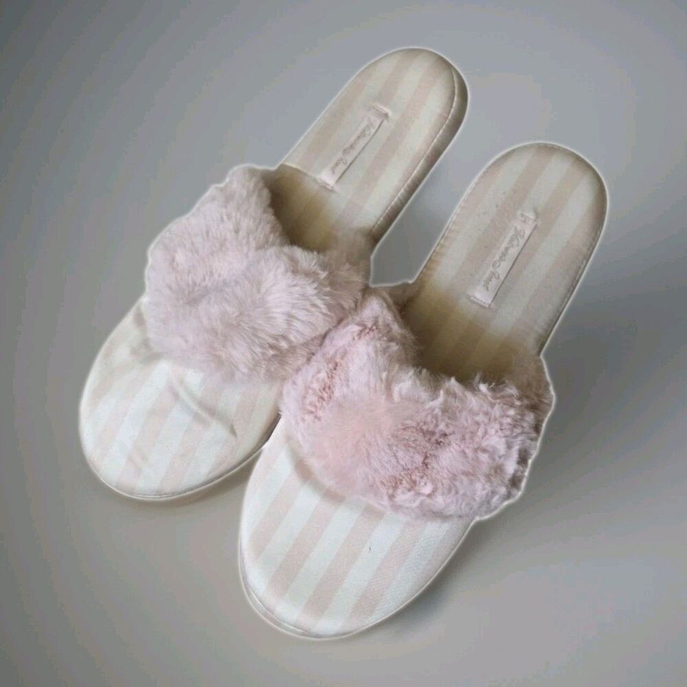Victoria's Secret Slippers Satin Fur Pink White Stripe Women Size M (7-8) Angel